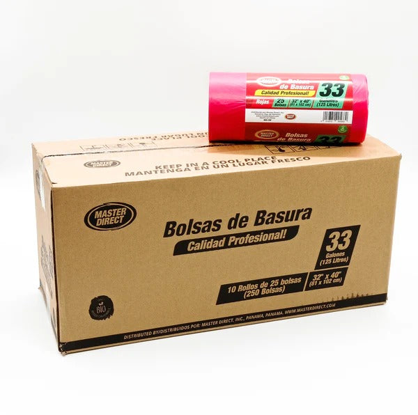 CAJA BOLSA BASURA 32" X 40", 33 Gl (125L) / NEGRO, ROJO, BLANCO / DIXIE / 250 BOLSAS
