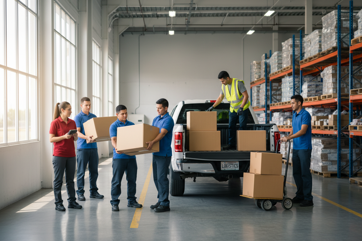 UNOS COLABORADORES DESPACHANDO CAJAS A UN PICKUP